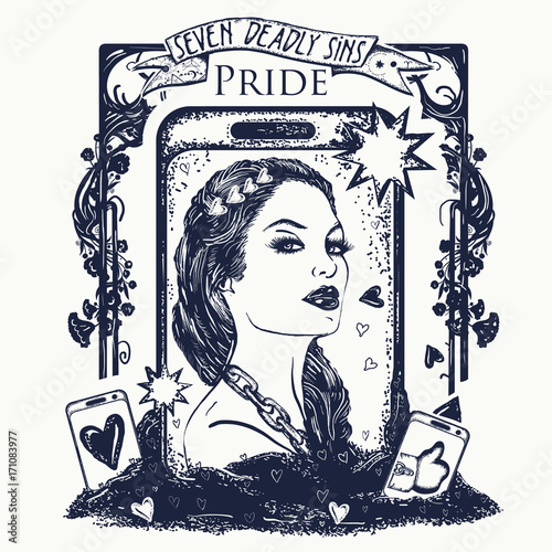 Pride. Seven deadly sins tattoo and t-shirt design. Vain fashion woman, internet dependence. Symbol arrogance, selfie, vanity, seven mortal sins. Vainglorious girl collects likes on social networks