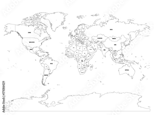 Vector political map of world. Black outline on white background with country name labels.