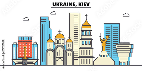 Ukraine, Kiev. City skyline: architecture, buildings, streets, silhouette, landscape, panorama, landmarks. Editable strokes. Flat design line vector illustration concept. Isolated icons