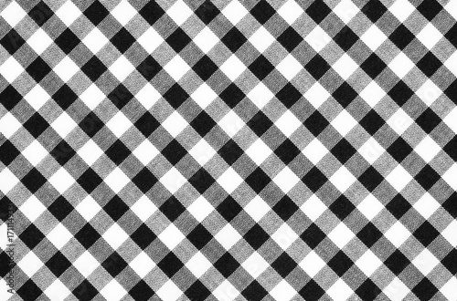 Black and white checked pattern linen fabric texture background, detail closeup