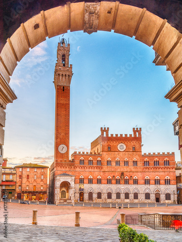 Beautiful panoramic photo of Piazza del Campo Europe's greatest medieval squares in Siena, Tuscany, Italy on a sunrise