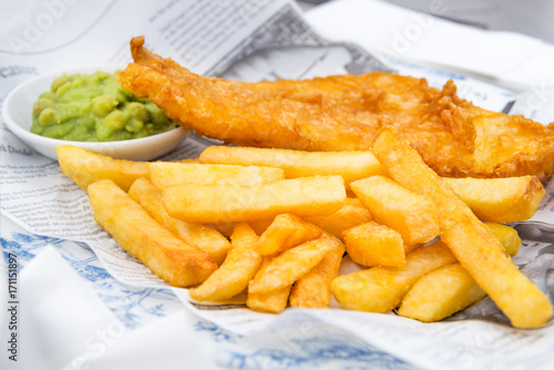  Fish and Chips with mushy peas served in the Pub