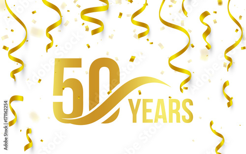 Isolated golden color number 50 with word years icon on white background with falling gold confetti and ribbons, 50th birthday anniversary greeting logo, card element, vector illustration