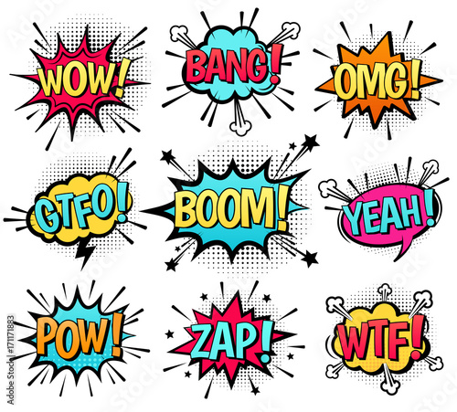 Comic speech bubble set with text: Wow, Bang, Omg, Gtfo, Boom, Yeah, Pow, Zap, Wtf. Vector cartoon explosions with different emotions isolated on white background.