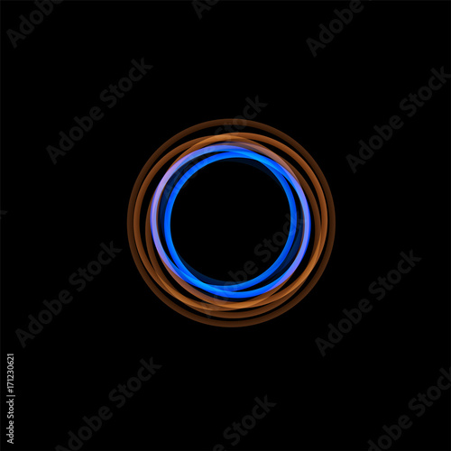 Isolated funnel abstract logo, linear unusual shape, circular line logotype. Luminous hoops, rings, wheel graphic illustration on the black background.