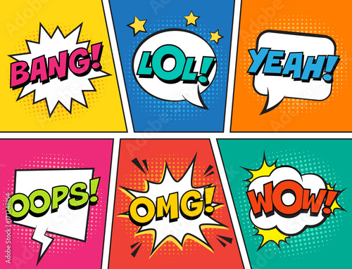Retro comic speech bubbles set on colorful background. Expression text LOL, OMG, WOW, YEAH, OOPS, BANG. Vector illustration, vintage design, pop art style.