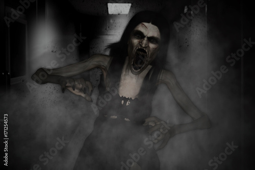 3d illustration of scary angry ghost woman screaming in haunted house,Horror background,mixed media 