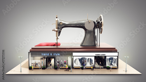garment industry a concept for the production of branded clothes sewing machine is on the roofs of boutiques 3d render on grey