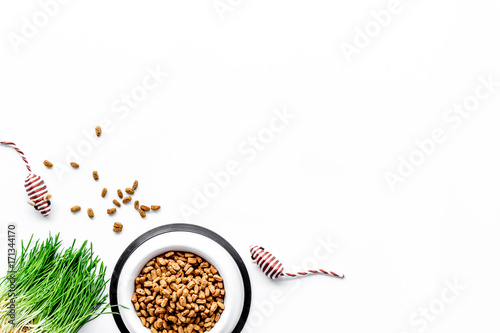 bowl full and overflowing with dry pet - cat food bits on white background top view mock-up