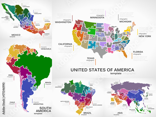 Maps infographic collection pack with America, Mexico, South America, Brazil and Asia puzzle illustrations