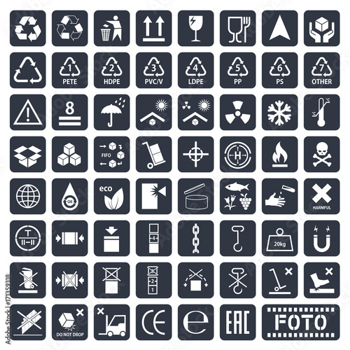 Packaging symbols set, cargo icons, vector illustration