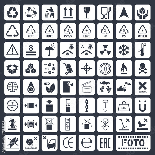 cargo symbols set, packaging icons, vector illustration
