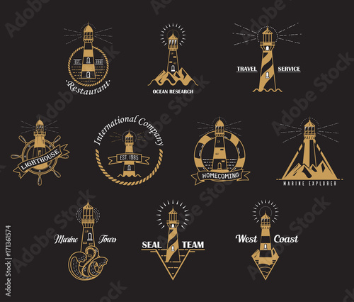 Set of isolated lighthouse icons with rocks