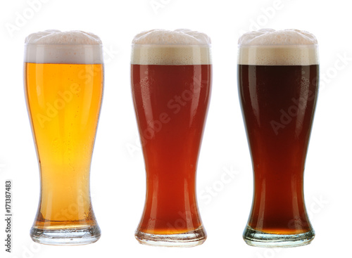 Three Different beer in Galsses with Foamy Tops