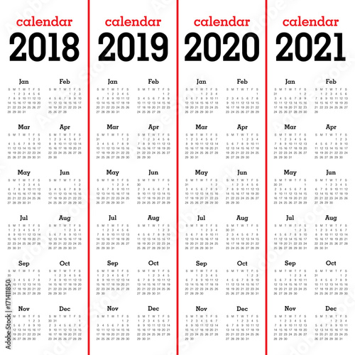 Year 2018 2019 2020 2021 calendar vector