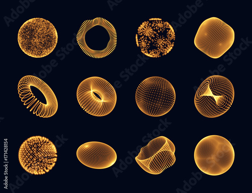 Geometric shape for design. The torus consisting of points. The sphere consisting of Points. Molecular grid. 3D technology style. Vector illustration.