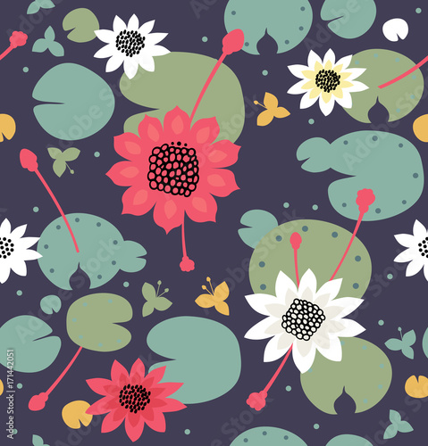 Seamless floral texture with flowers, water lilies, lotus, natural stylish pattern. Vector decorative bright background, pond surface