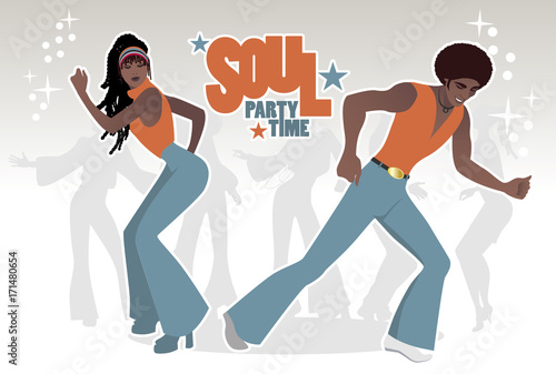 Soul Party Time. Young couple dancing soul, funk or disco. Retro style.