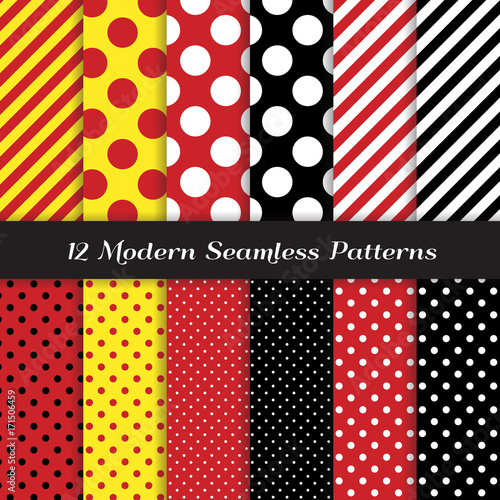 Polka Dots and Diagonal Stripes Seamless Vector Patterns in Red, Black, White and Yellow. Perfect for kids Pirate birthday party background. Pattern Tile Swatches Included.