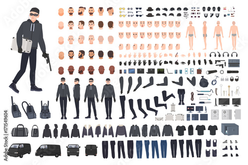 Thief, burglar or robber DIY kit. Collection of flat male cartoon character body parts in different positions, skin types, clothing and accessories isolated on white background. Vector illustration.