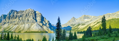 Panoramic view of Mountains and Lake in Banff National Park, Rocky Mountains, Alberta, Canada.