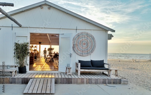 Beach Cafe on the North Sea.Beautiful sunset