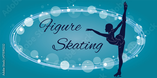 Silhouette of the figure skater against the background of blue patterns and elements. Vector illustration