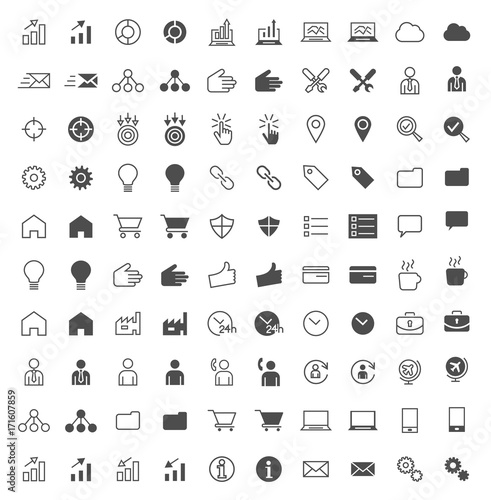 Set of 100 Business and SEO Minimal and Solid Icons on White Background . Vector Isolated Elements