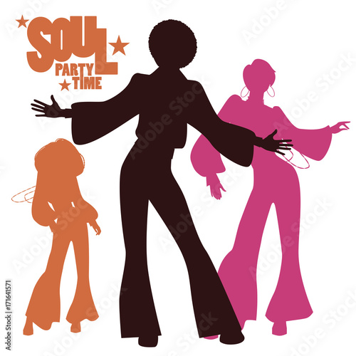Silhouettes of three dancing soul, funk or disco. Retro style.