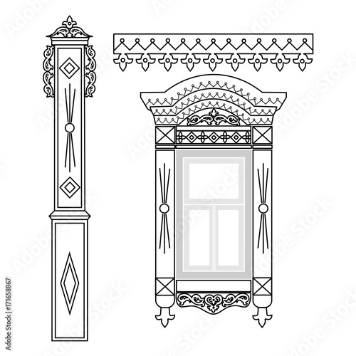 Set of wooden decorations for the window. Traditional Russian wooden houses design. Vector illustration.