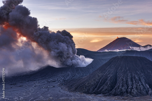 Beautiful sunrise and volcanic eruption of Mt Bromo, Indonesia