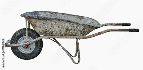 Old metal wheelbarrow on a white background