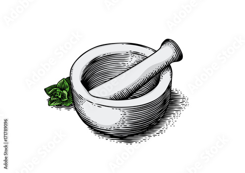 Mortar bowl and pestle with herb