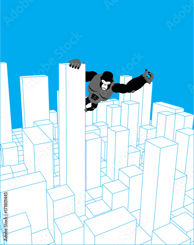 City and gorilla. Abstract Skyline and monster. Industrial landscape and big monkey. Vector illustration