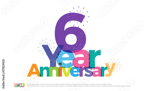 6 years anniversary celebration colorful logo with fireworks on white background. 6th anniversary logotype template design for banner, poster, card vector illustrator