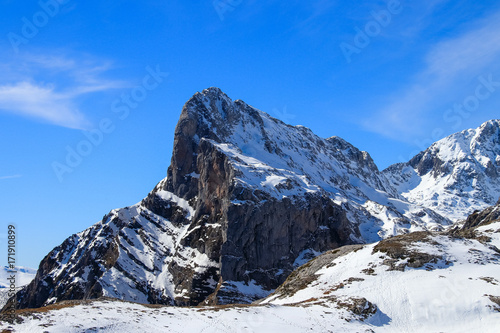 Winter Landscape in Picos de Europa mountains, Cantabria, Spain. The jagged, deeply fissured Picos de Europa mountains straddle southeast Asturias, southwest Cantabria and northern Castilla y Leon.