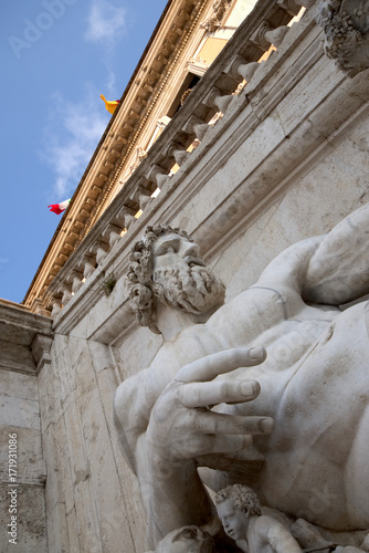 Close-up of Tiber river statue in the Capitolium planed by Michelangelo. Campidoglio, or Capital Hill square, Rome Italy