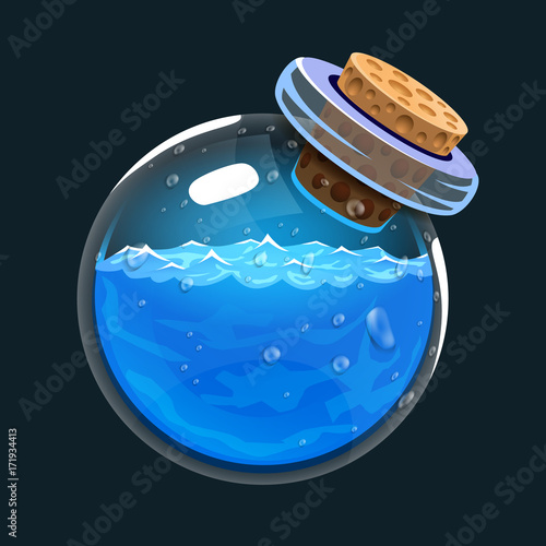 Bottle of water. Game icon of magic elixir. Interface for rpg or match3 game. Water or mana. Big variant.