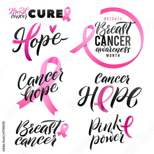 Breast Cancer Awareness Vector Set. Calligraphy Poster Design. Stroke Pink Ribbon. October is Cancer Awareness Month