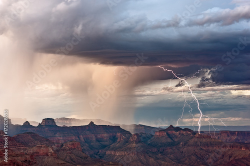 Dramatic lightning storm over the Grand Canyon in Grand Canyon National Park, Arizona
