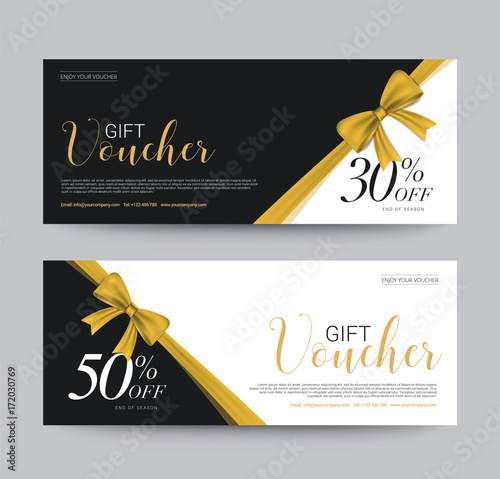 Gift Voucher Template Promotion Sale discount, Gold Ribbon background, vector illustration