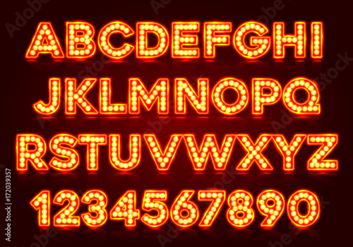 Red fluorescent neon font on dark background. Nightlight alphabet. Vector illustration.