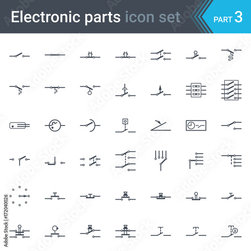 Complete vector set of electric and electronic circuit diagram symbols and elements - switches, pushbuttons and circuit switches