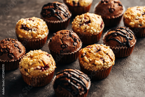 Different homemade muffins, selective focus.