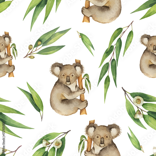 Watercolor vector seamless pattern with eucalyptus leaves and Koala isolated on white background.