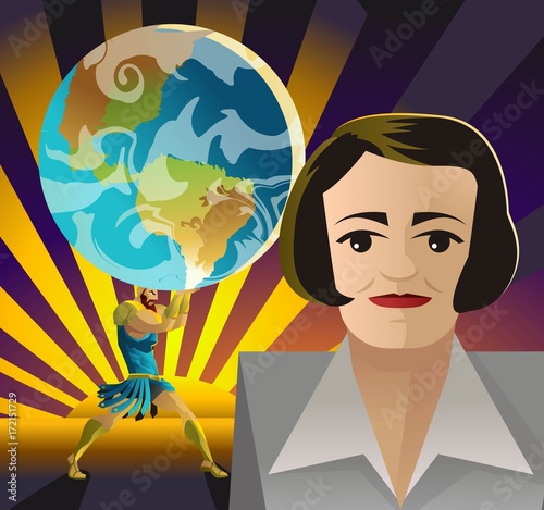 ayn rand objectivist libertarian writer author face cartoon portrait and atlas titan shrugged holding the globe