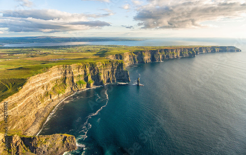 Aerial birds eye drone view from the world famous cliffs of moher in county clare ireland. Scenic Irish rural countryside nature along the wild atlantic way.