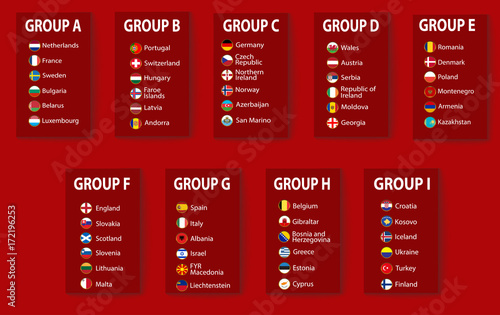 eps 10 vector football competition table illustration. Qualification groups tables isolated on red background. World soccer tournament 2018 qualifying round. Team Groups A, B, C, D, E, F, G, H, I