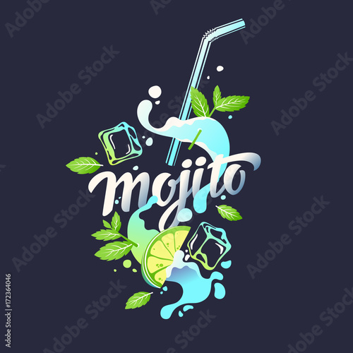 Modern hand drawn lettering label for alcohol cocktail Mojito.