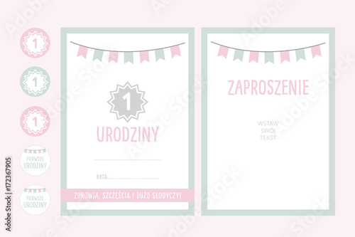 baby first birthday party invitation with girland - vector design for girl or boy 